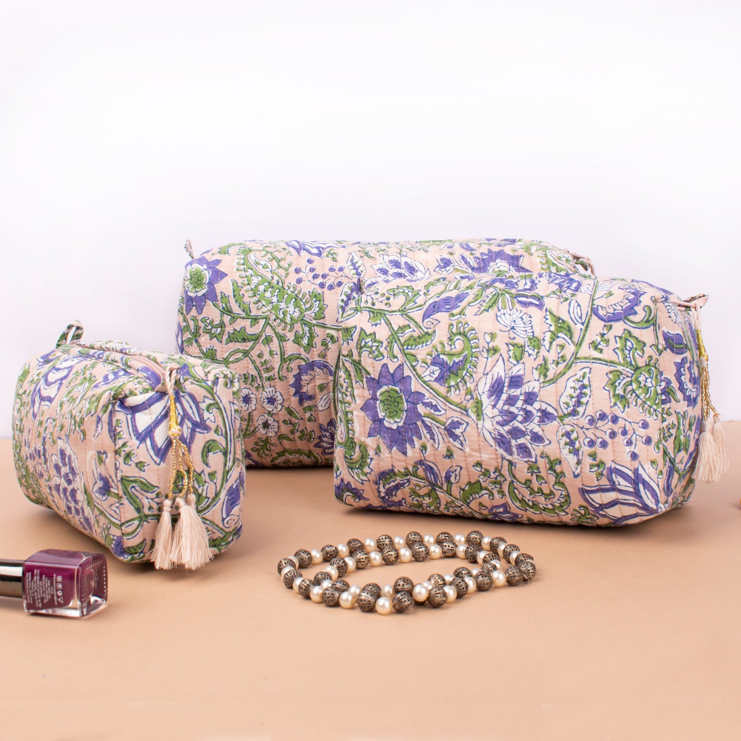 Mini Makeup Organizer Bag, Quilted Cosmetic Travel Case, Block Print Toiletry Pouch For Women, Handmade Makeup Pouch