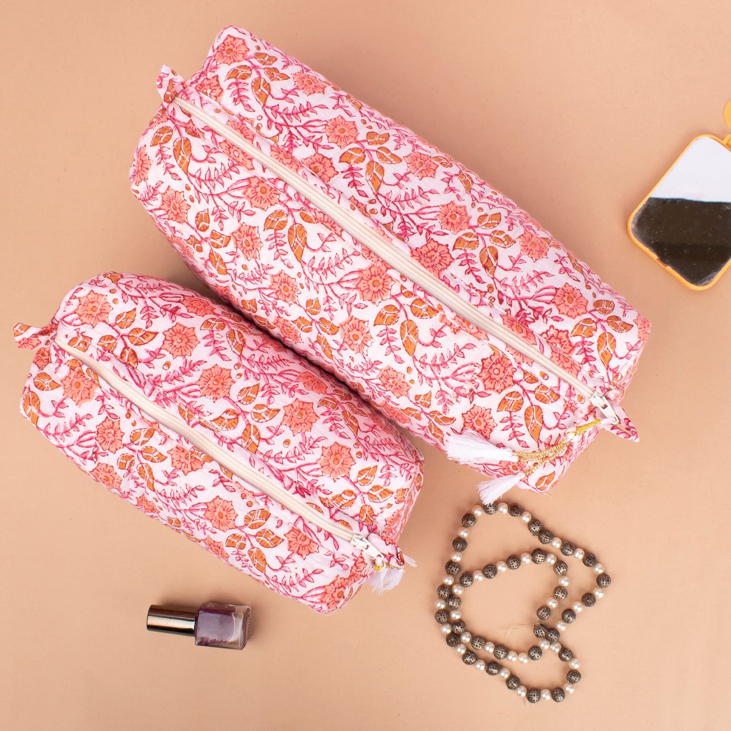 Soft Quilted Toiletry Bags For Women, Block Printed Makeup Pouch Set, Indian Style Vanity Organizer Gift, Printed Makeup Bags