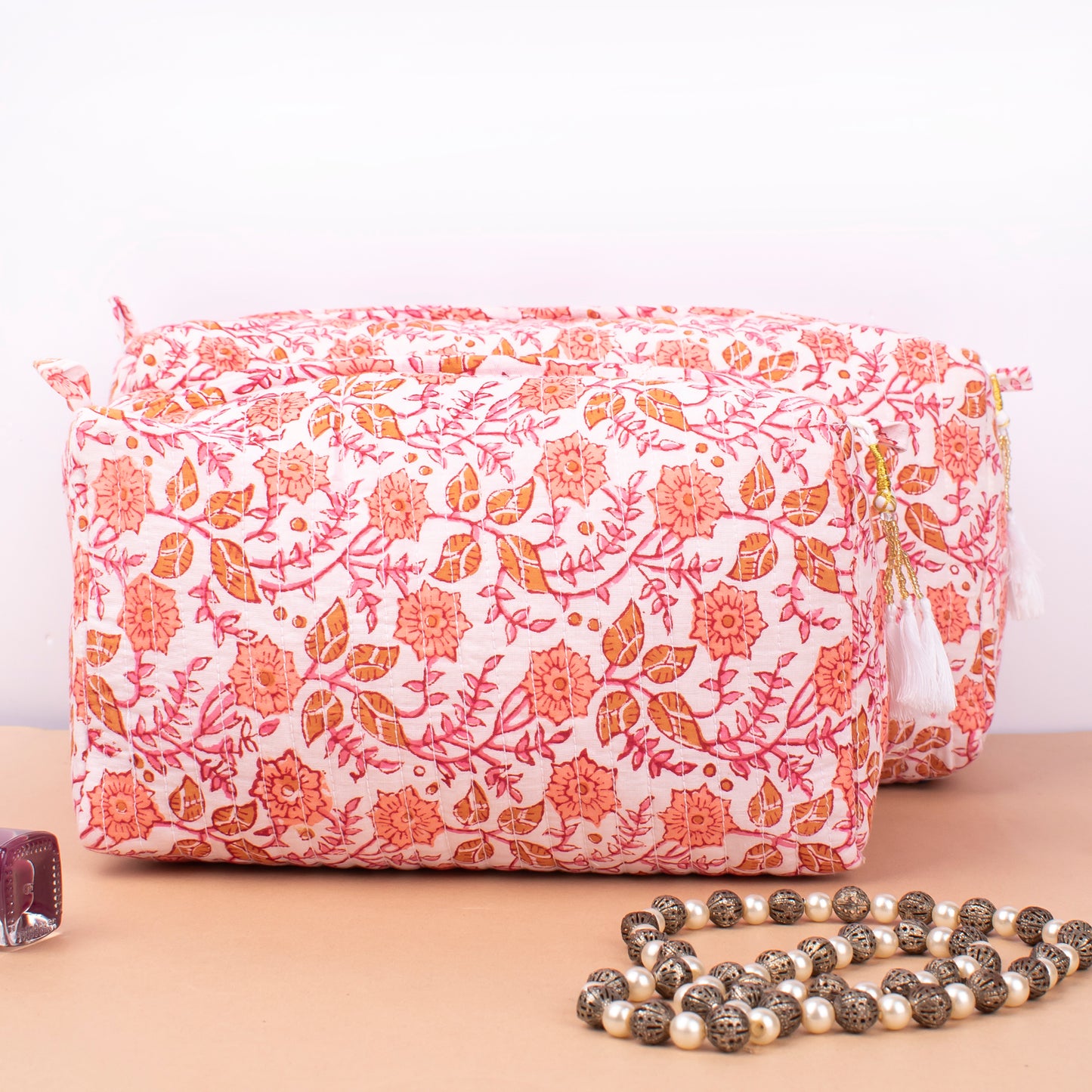 Soft Quilted Toiletry Bags For Women, Block Printed Makeup Pouch Set, Indian Style Vanity Organizer Gift, Printed Makeup Bags