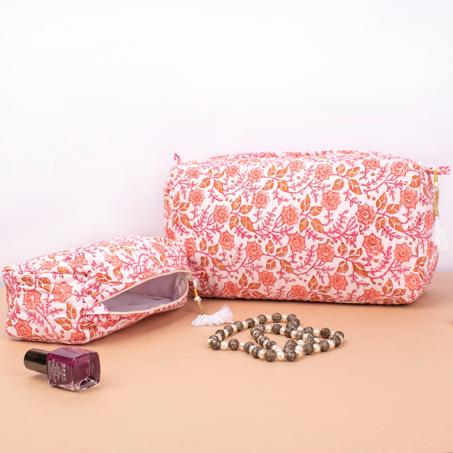 Soft Quilted Toiletry Bags For Women, Block Printed Makeup Pouch Set, Indian Style Vanity Organizer Gift, Printed Makeup Bags