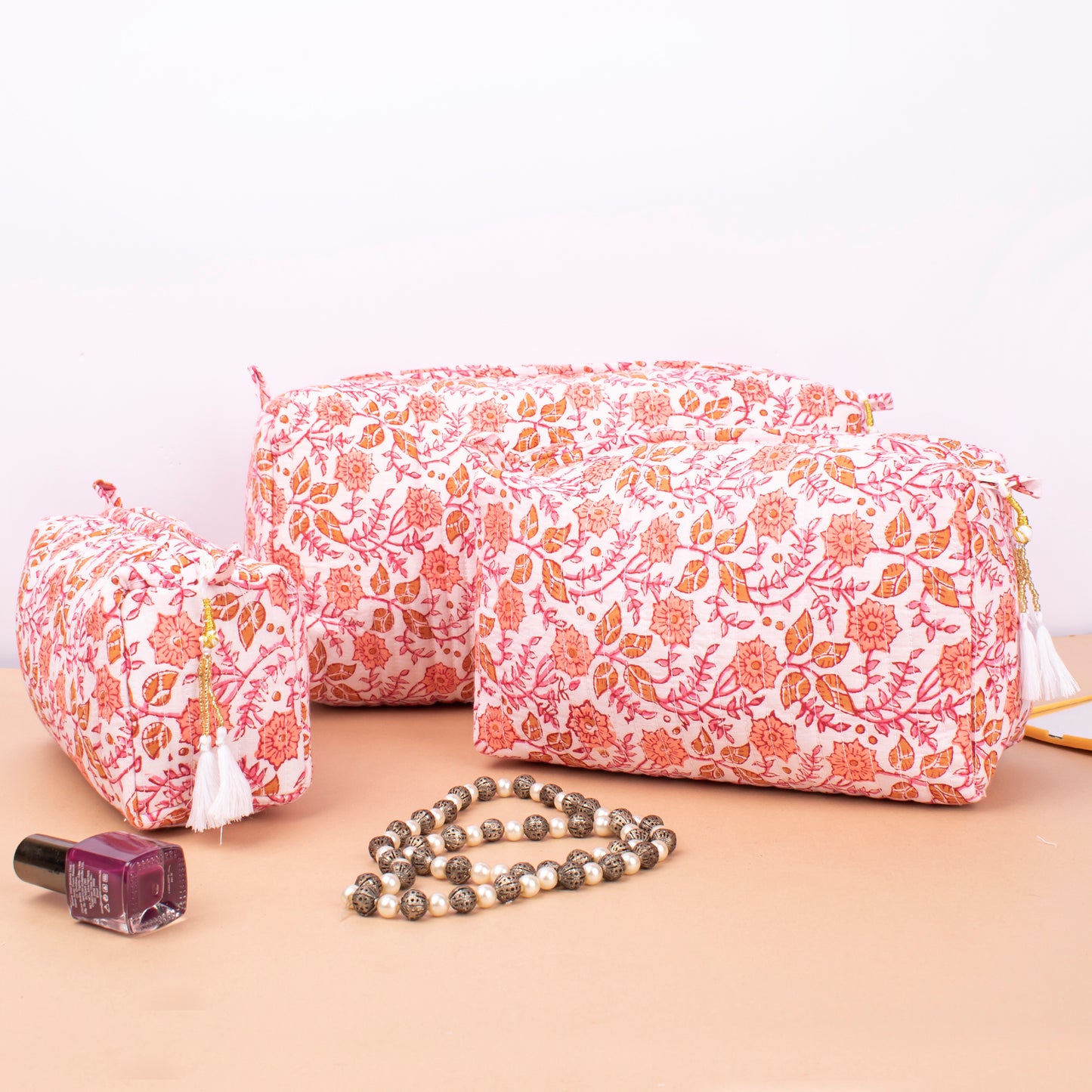 Soft Quilted Toiletry Bags For Women, Block Printed Makeup Pouch Set, Indian Style Vanity Organizer Gift, Printed Makeup Bags