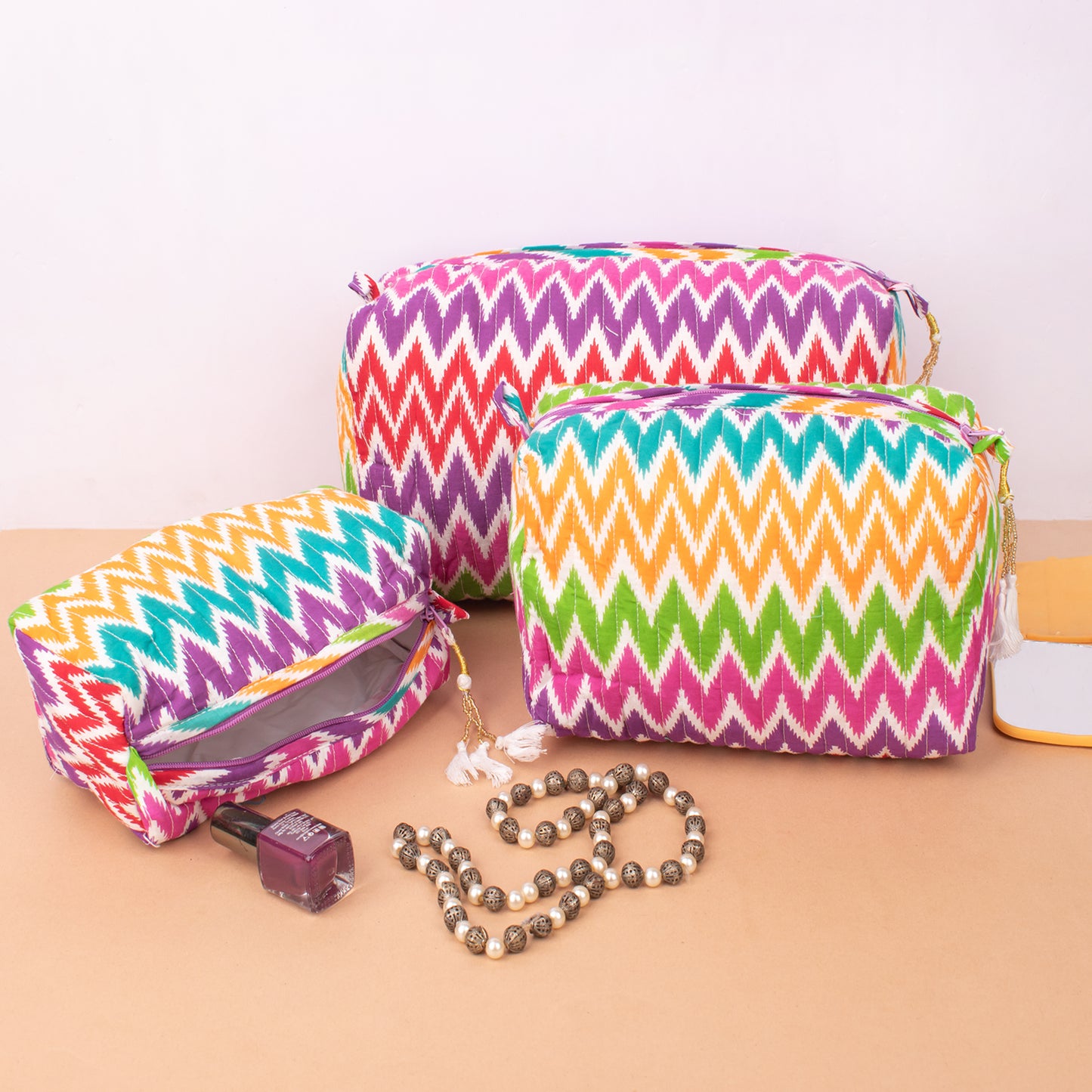 Printed Quilted Makeup Bag | Floral Cosmetic Pouch | Zipper Travel Toiletry Bag - Set of 3