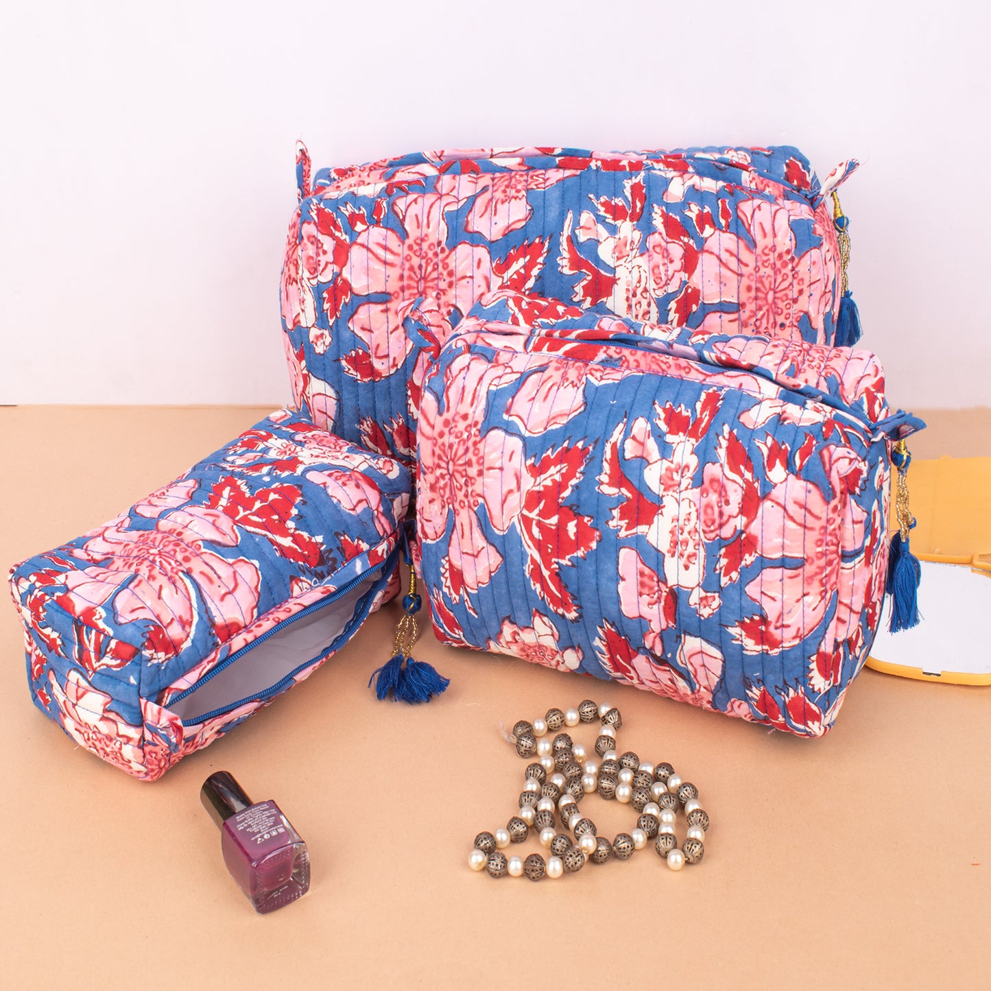 Set of 3 - Floral Quilted Makeup Bag | Handmade Cotton Cosmetic Pouch | Gift for Her