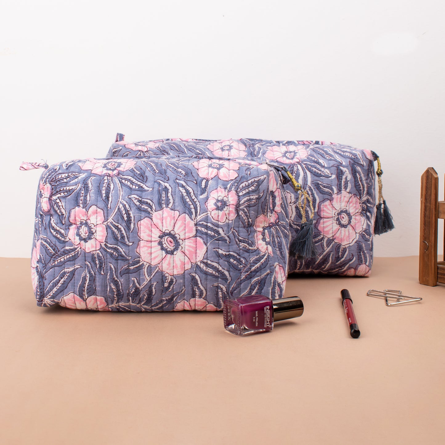 Hand Block Printed Large Toiletry Bag, Makeup Bag - Set of 3