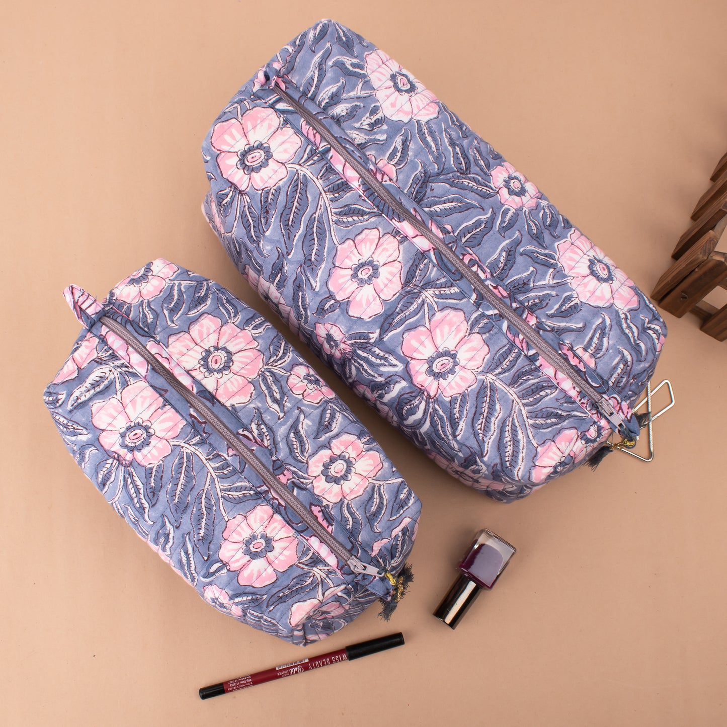 Hand Block Printed Large Toiletry Bag, Makeup Bag - Set of 3