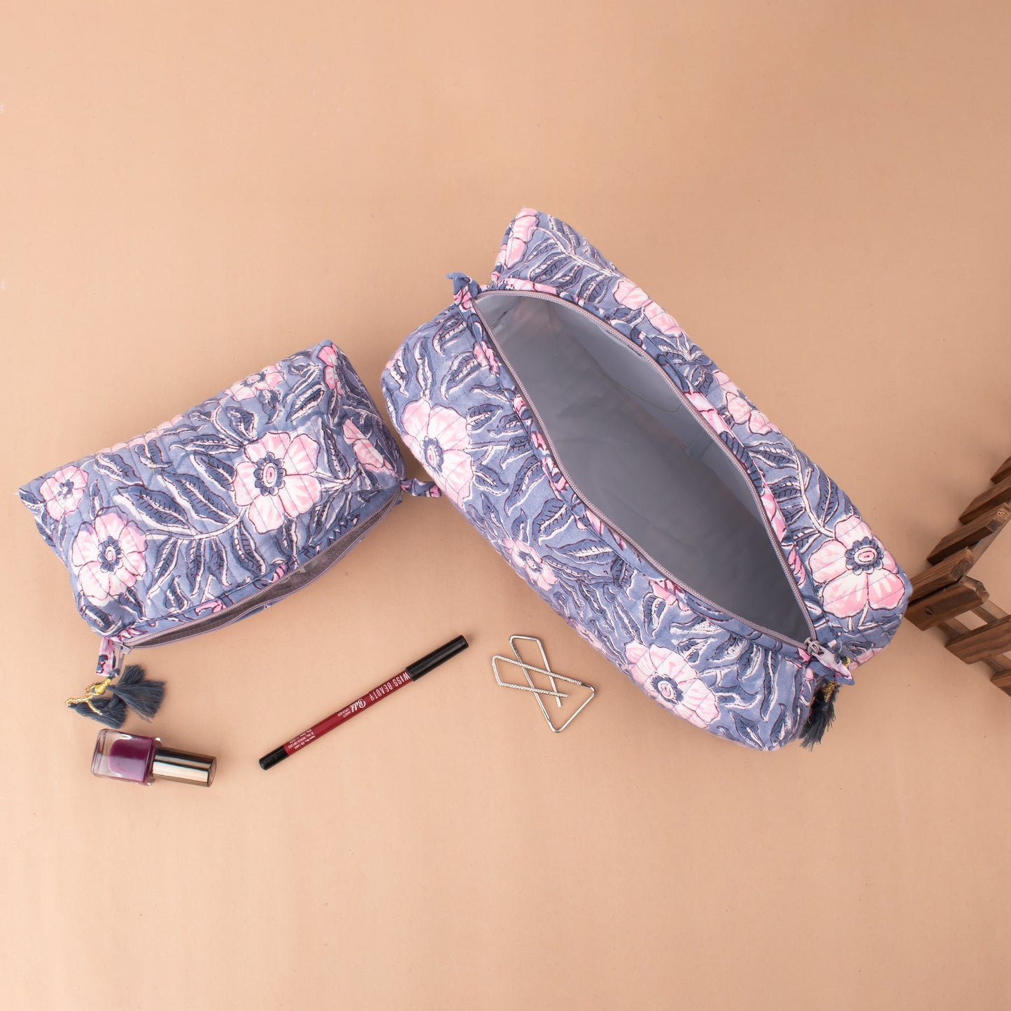 Hand Block Printed Large Toiletry Bag, Makeup Bag - Set of 3