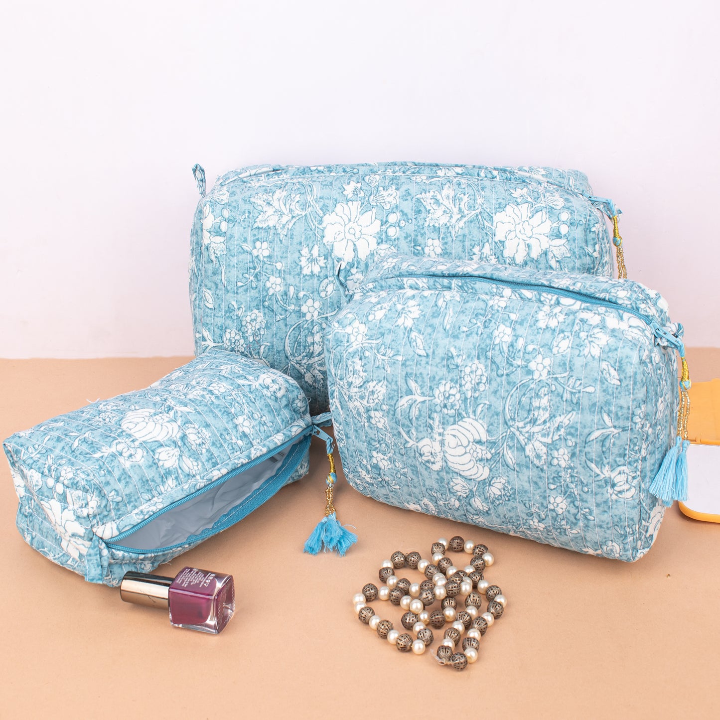 Set of 3 - Handcrafted Quilted Makeup Bag | Cotton Toiletry Pouch | Boho Travel Gift