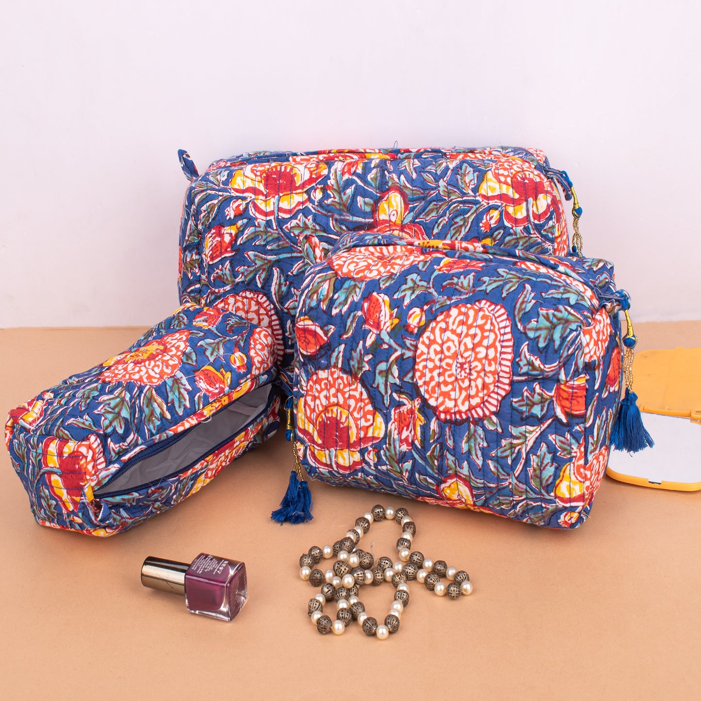 Set of 3 - Colorful Quilted Makeup Bag | Printed Cotton Cosmetic Pouch | Beauty Organizer