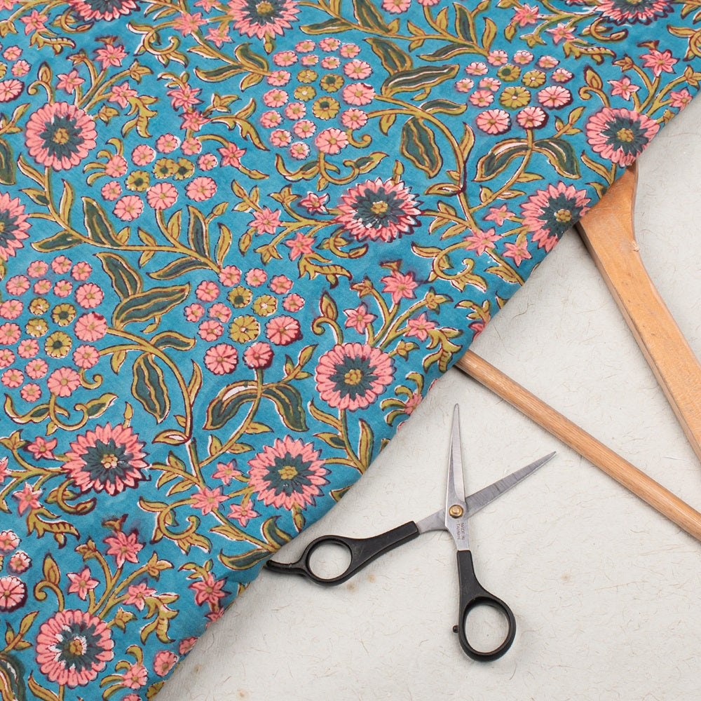 Flower Pattern Light Blue Handmade Block Print Cotton Fabrics