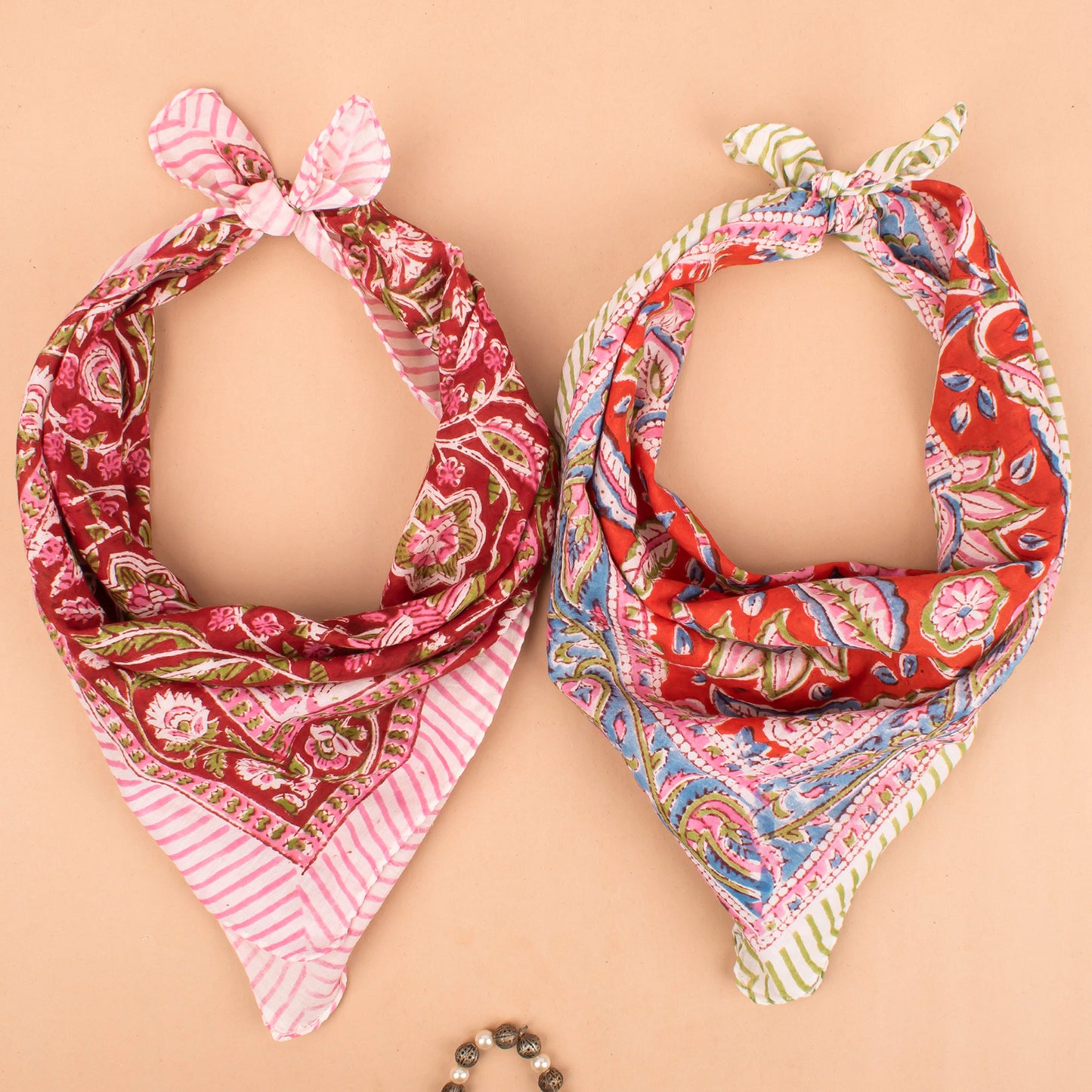 Set of 2 - Handcrafted Cotton Bandanas, Cotton Neck & Head Wraps, Bohemian Block Print, Comfortable & Stylish Summer Accessory