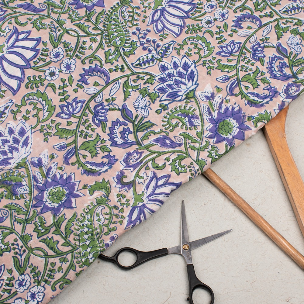 Hand Block Printed Flower Pattern Fabric Dress Material