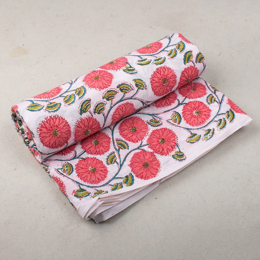 Hand Block Printed Flower Pattern Gray Fabric