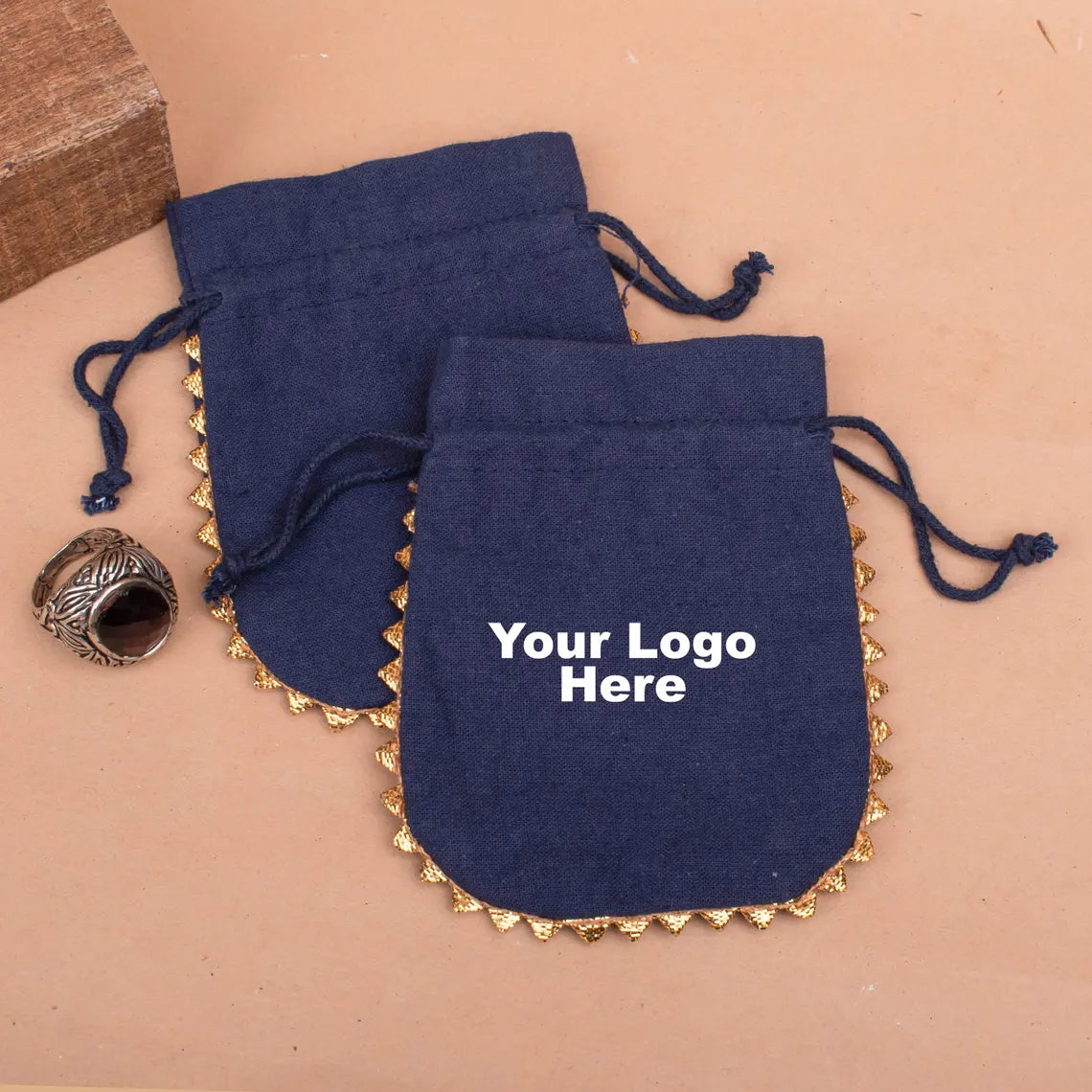 100 Regal Navy Designer Pouch: Trimmed with Shimmering Gold Lace