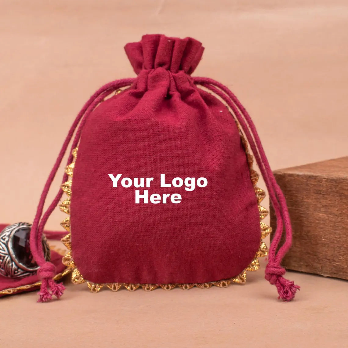 100 Rich Burgundy Designer Pouch, a Touch of Understated Elegance Round Gold Lace