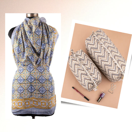 Block Print Sarong & Makeup Bag Combo, Printed Beach Pareo, Combo For Gift, Cotton Toiletry Bag, Cotton Scarf For Her, Perfect Gift Combo