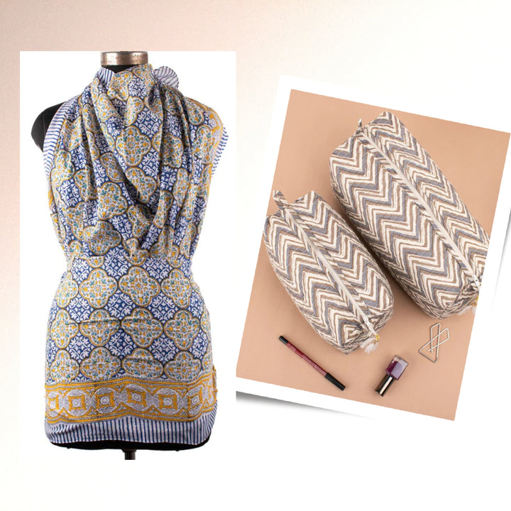 Hand Block Cotton Gift Set | Scarf, Makeup Bag, Sarong Combo