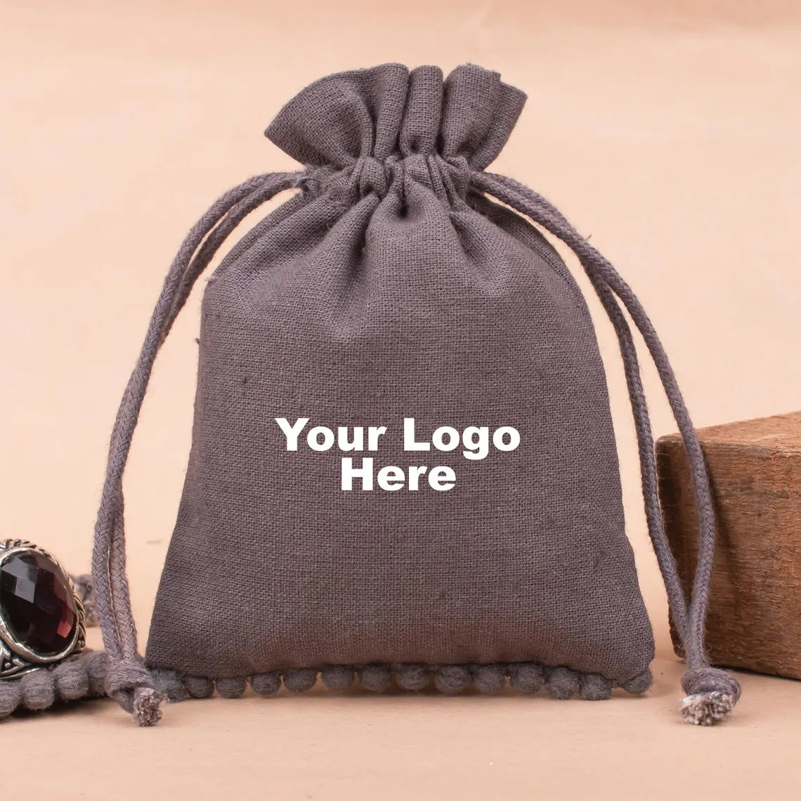 100 Personalized Brown Designer Pouch, Modern Elegance with bottom pom poms