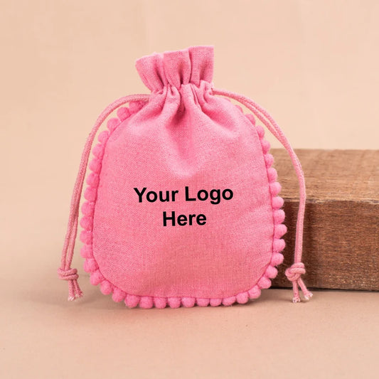 100 Sweet Rose Pink Designer Pouch Adorned with Delicate Pom Poms