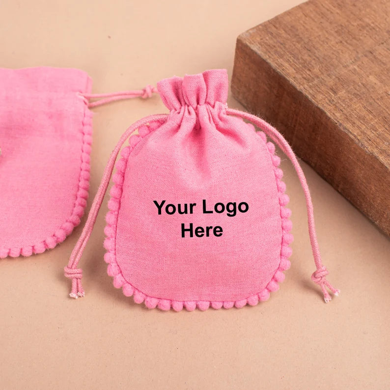 100 Sweet Rose Pink Designer Pouch Adorned with Delicate Pom Poms
