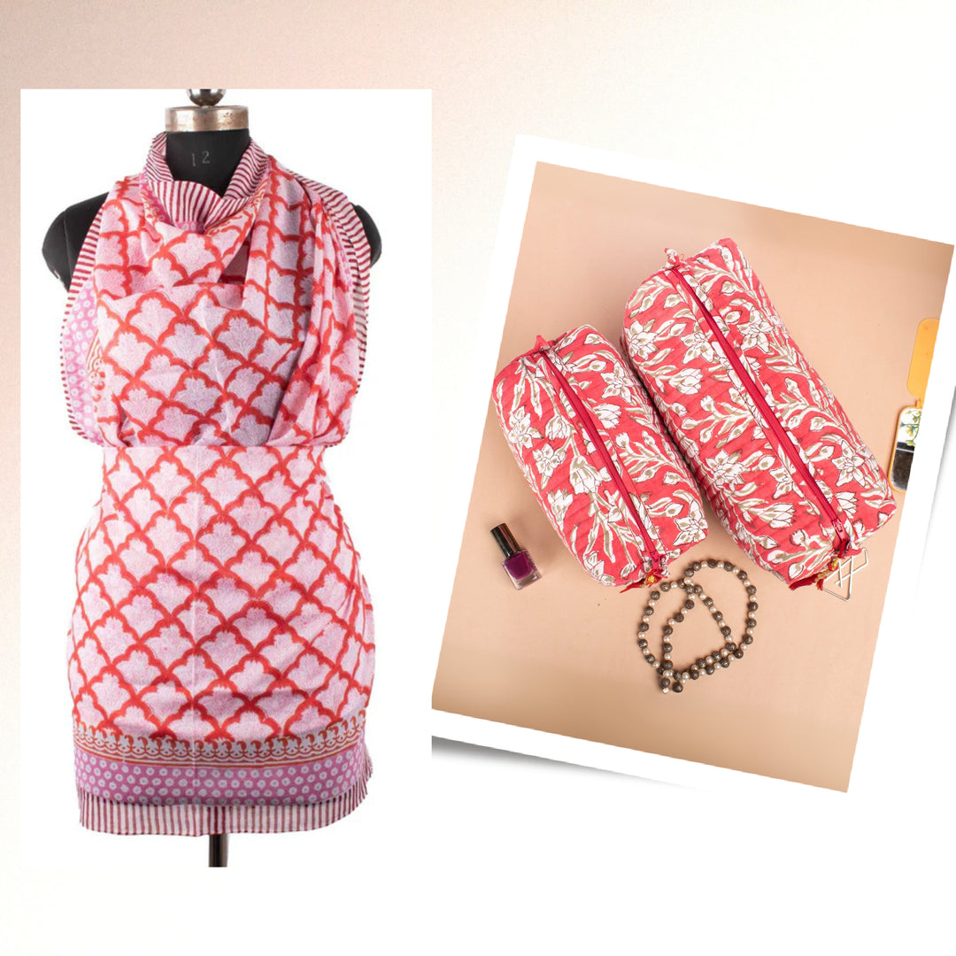 Block Print Cotton Gift Set | Scarf, Makeup Bag Combo