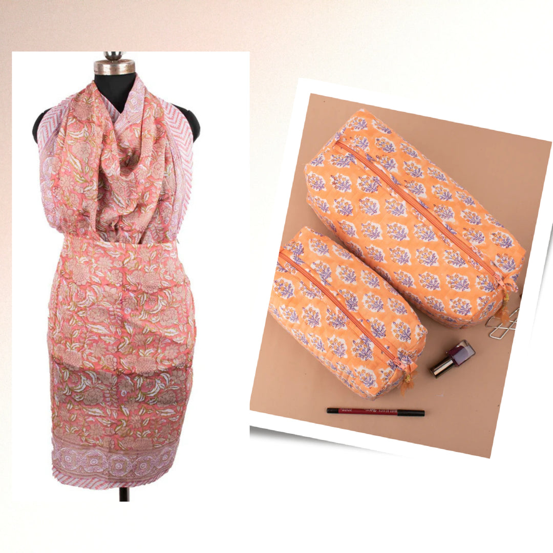 Block Print Cotton Gift Set | Scarf, Makeup Bag, Sarong Combo