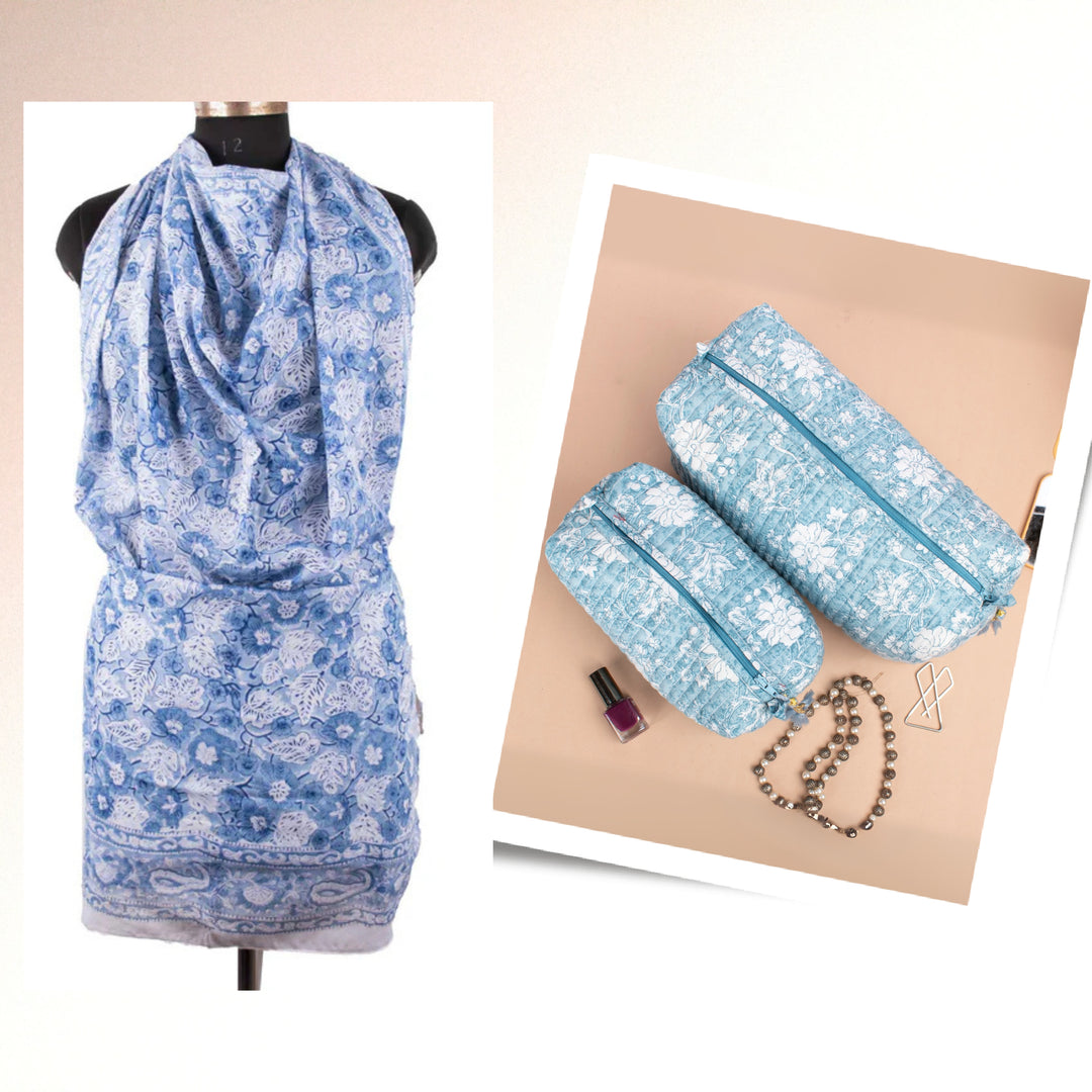 Hand Block Cotton Gift Set | Scarf, Makeup Bag, Sarong Combo