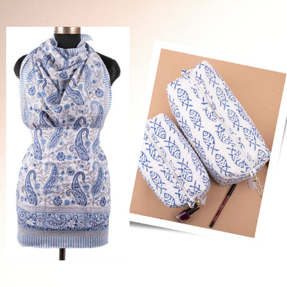 Lightweight Summer Scarf With Tolitary Bag, Printed Sarong And Makeup Bag Combo, Block Printed Gift Combo, Vanity Bag With Zipper Closure