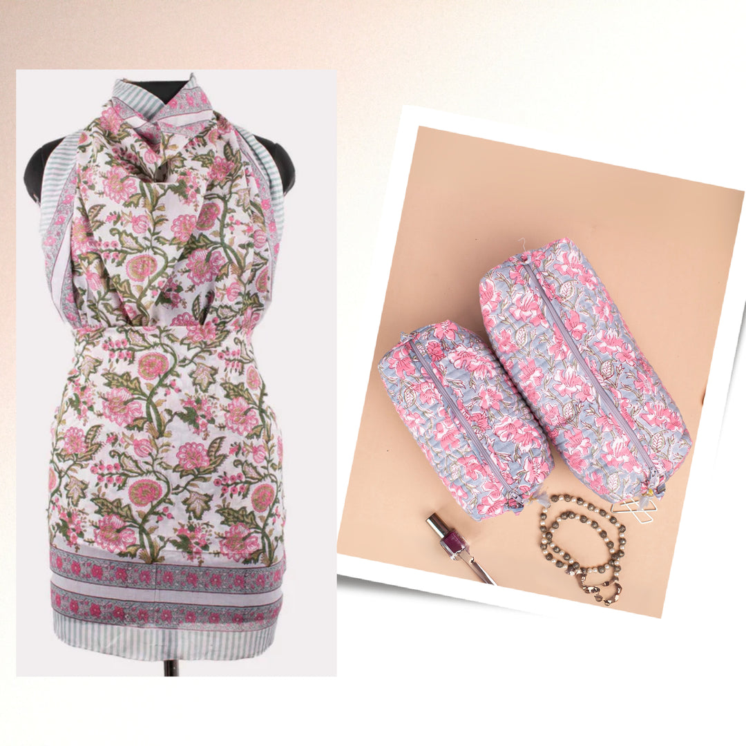 Hand Block Cotton Gift Set | Scarf, Makeup Bag, Sarong Combo