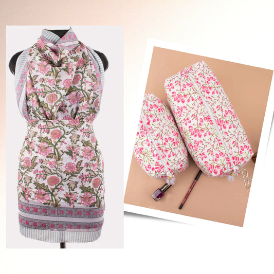 Summer Sarong And Vanity Bag Combo, Block Print Makeup Bag, Pareo Wrap And Beauty Bag Set, Handmade Combo Gift For Her