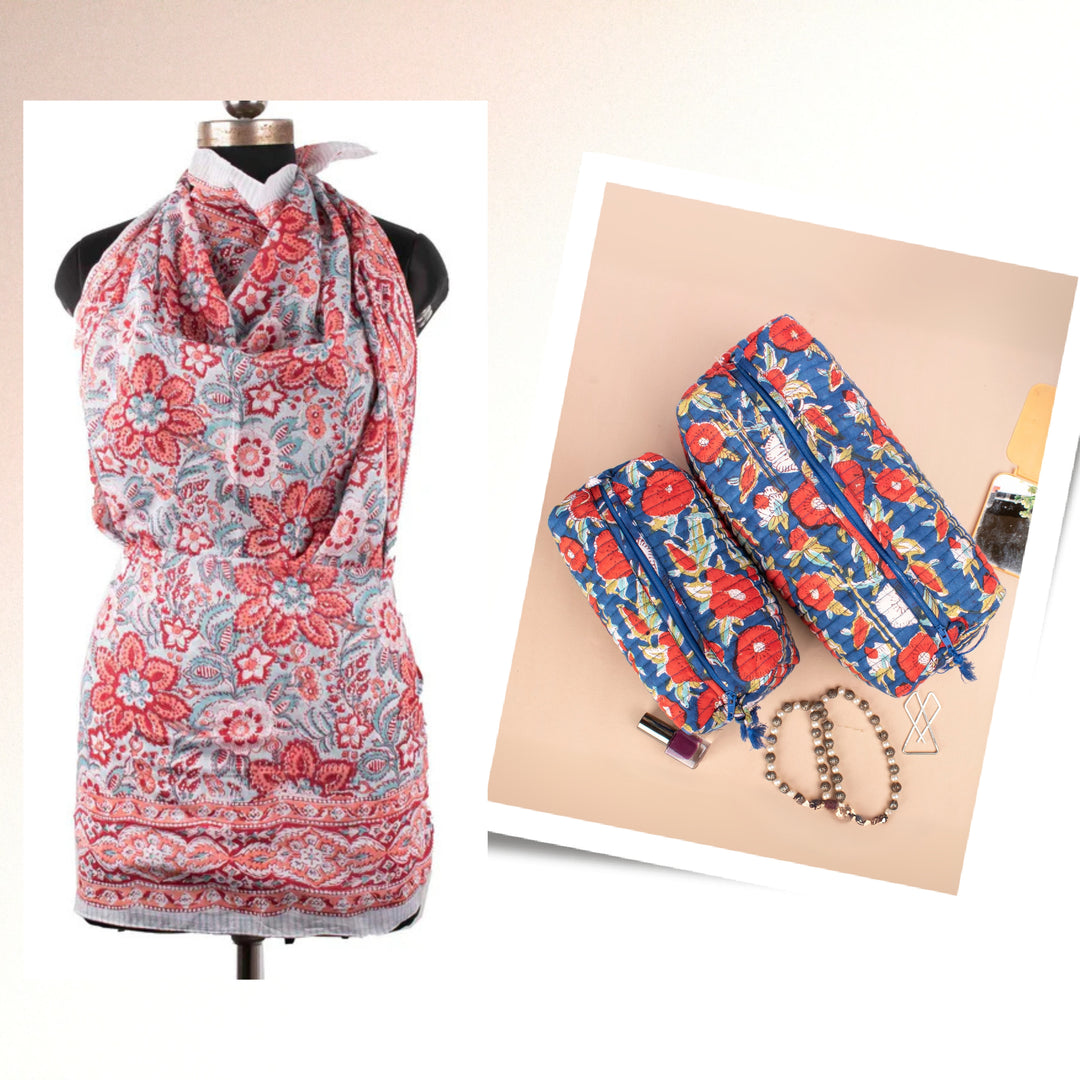 Block Print Cotton Gift Set | Makeup Bag, Sarong Combo