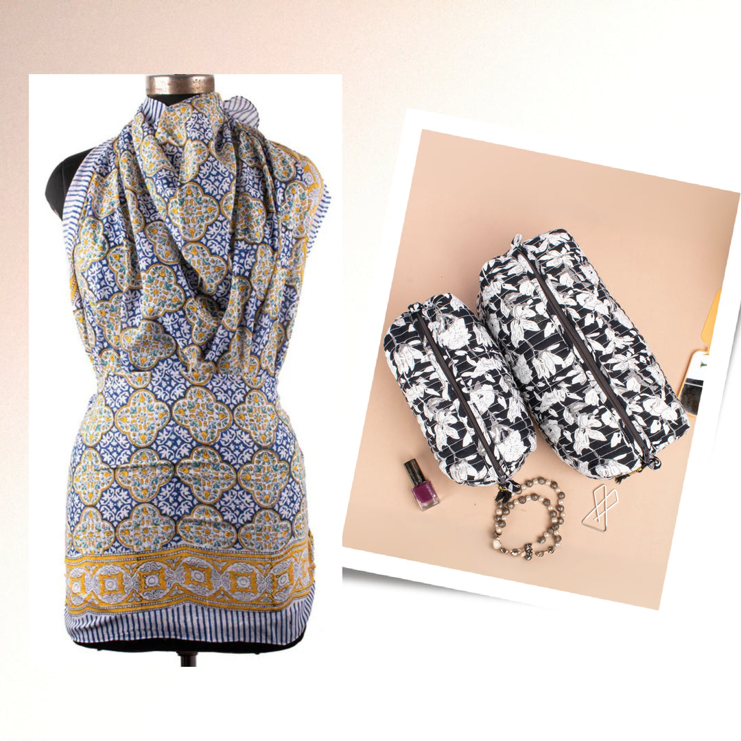 Hand Block Cotton Gift Set | Scarf, Makeup Bag, Sarong Combo