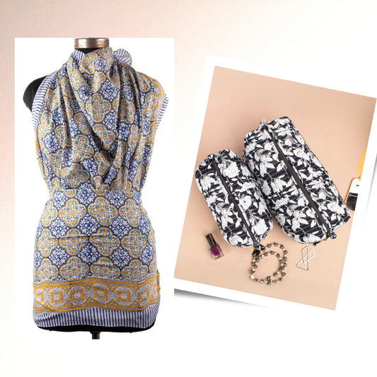 Handmade Combo Gift, Block Print Sarong & Makeup Bag Combo, Cotton Scarf For Her, Printed Cotton Pareo With Matching Makeup Bag