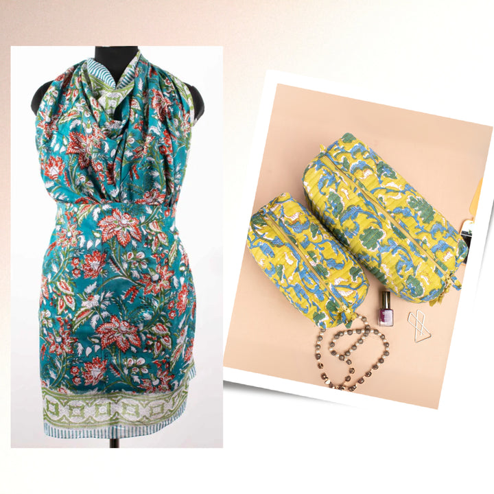 Block Print Cotton Gift Set | Scarf, Makeup Bag, Sarong Combo