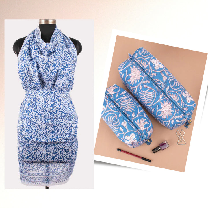 Hand Block Cotton Gift Set | Scarf, Makeup Bag, Sarong Combo