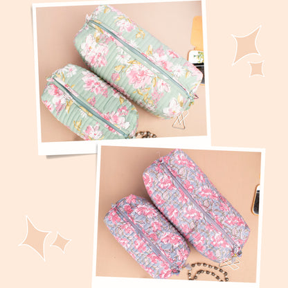 Combo of 2 - Organic Cotton Makeup Bag, Toiletry Bag 3 Pack Floral, Makeup Bag With Compartments, Vanity Bag Makeup, Wash Bag Block Print
