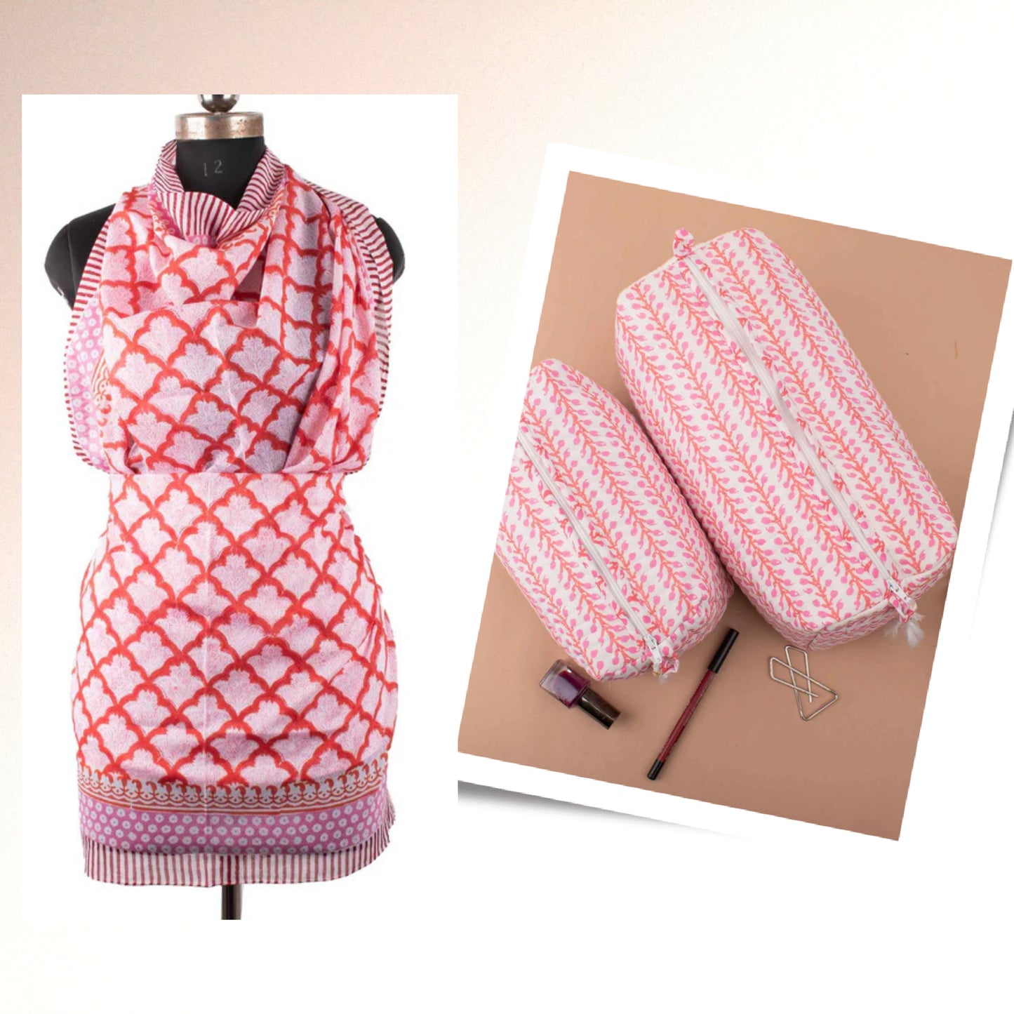 Lightweight Summer Scarf With Tolitary Bag, Indian Handcrafted Sarong, Travel Friendly Gift Set, Handmade Cotton Gift, Cosmetic Pouch