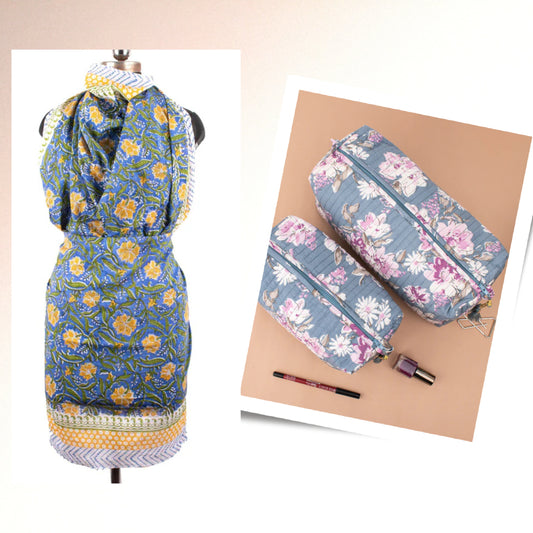 Printed Scarf And Mini Bag Combo, Bohemian Style Pareo And Pouch, Gift Idea For Her, Boho Sarong And Makeup Bag Combo, Printed Vanity Case
