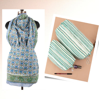 Makeup Organizer And Sarong Duo, Pareo Wrap And Beauty Bag Set, Block Print Beach Pareo, Boho Scarf Wrap & Mini Cosmetic Pouch Combo