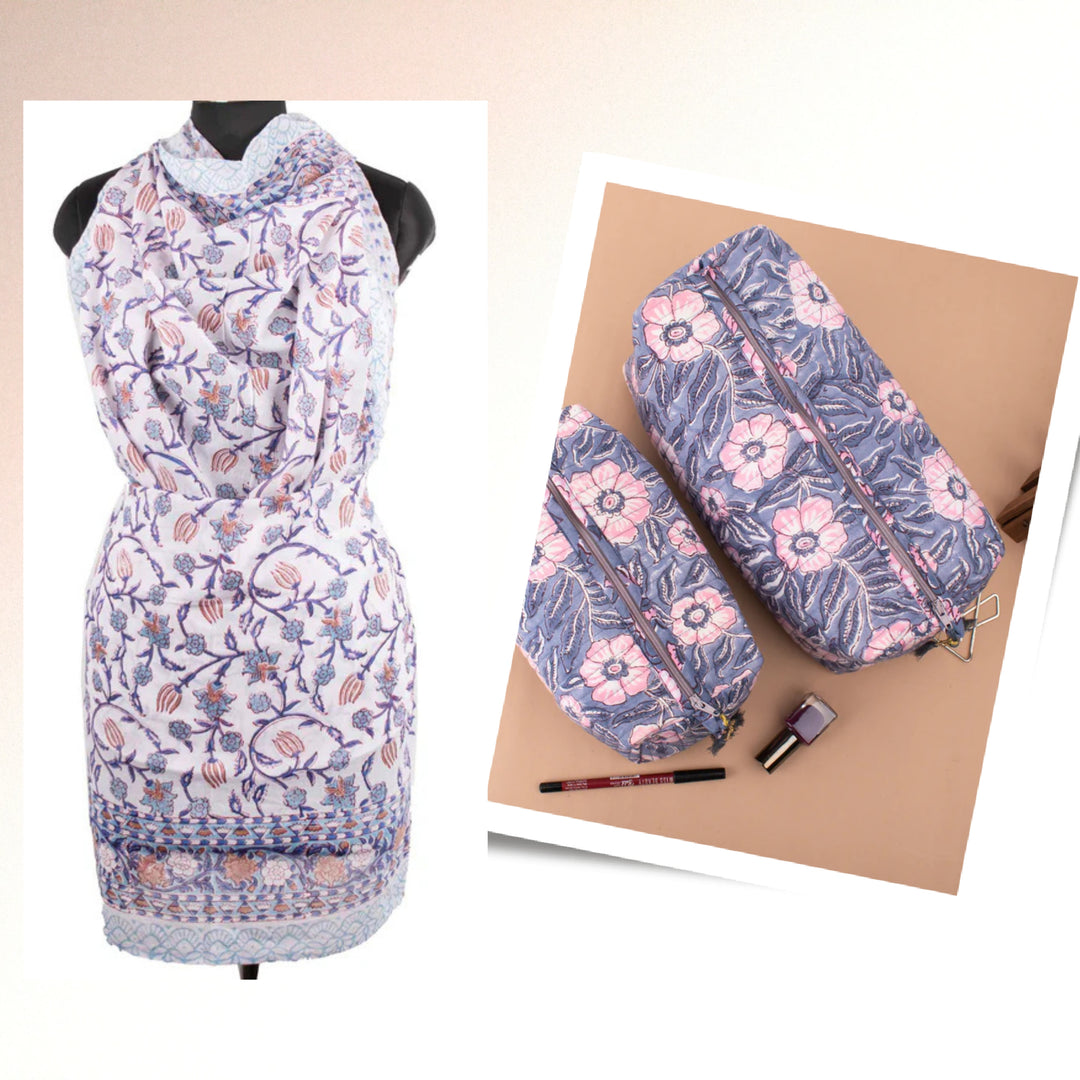 Hand Block Cotton Gift Set | Scarf, Makeup Bag, Sarong Combo