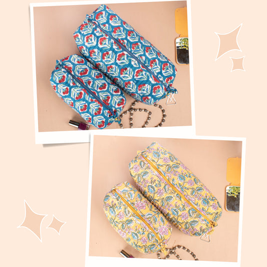 Combo of 2 - Zippered Makeup Pouch, Bridesmaid Gift Makeup Bag, Makeup Case, Handmade Toiletry Bag, Quilted Cotton Large Makeup Bag, Washable