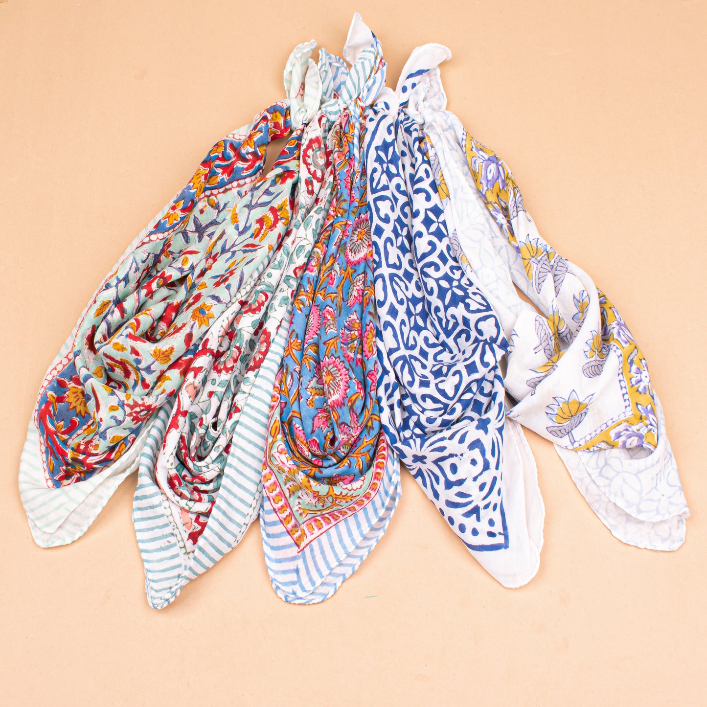 Set of 5 - Handmade Organic Cotton Bandana, Boho Paisley Block Printed Scarf, Lightweight Neck Or Hair Wrap, Unisex Sustainable Fashion Accessory