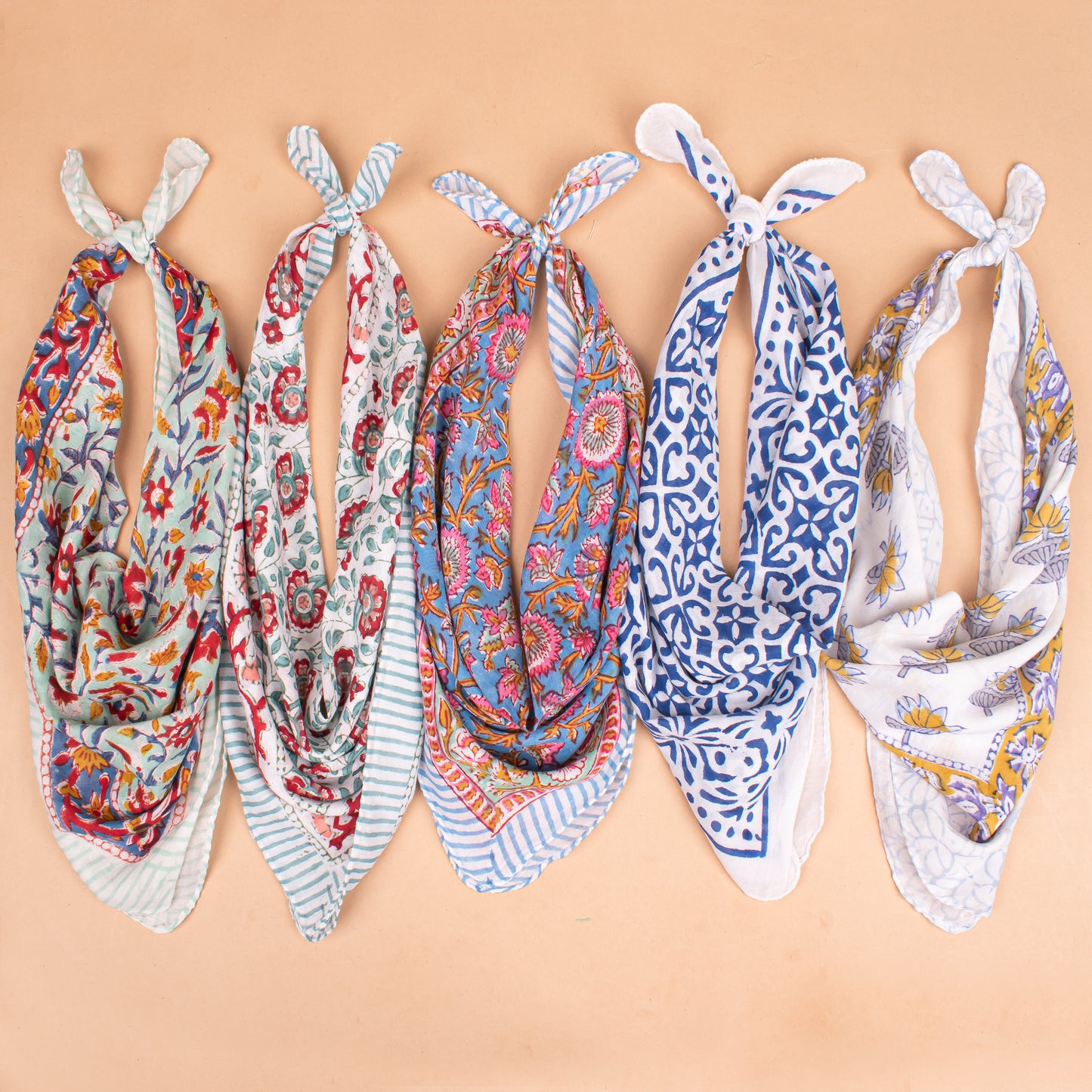 Set of 5 - Handmade Organic Cotton Bandana, Boho Paisley Block Printed Scarf, Lightweight Neck Or Hair Wrap, Unisex Sustainable Fashion Accessory