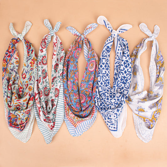 Set of 5 - Handmade Organic Cotton Bandana, Boho Paisley Block Printed Scarf, Lightweight Neck Or Hair Wrap, Unisex Sustainable Fashion Accessory