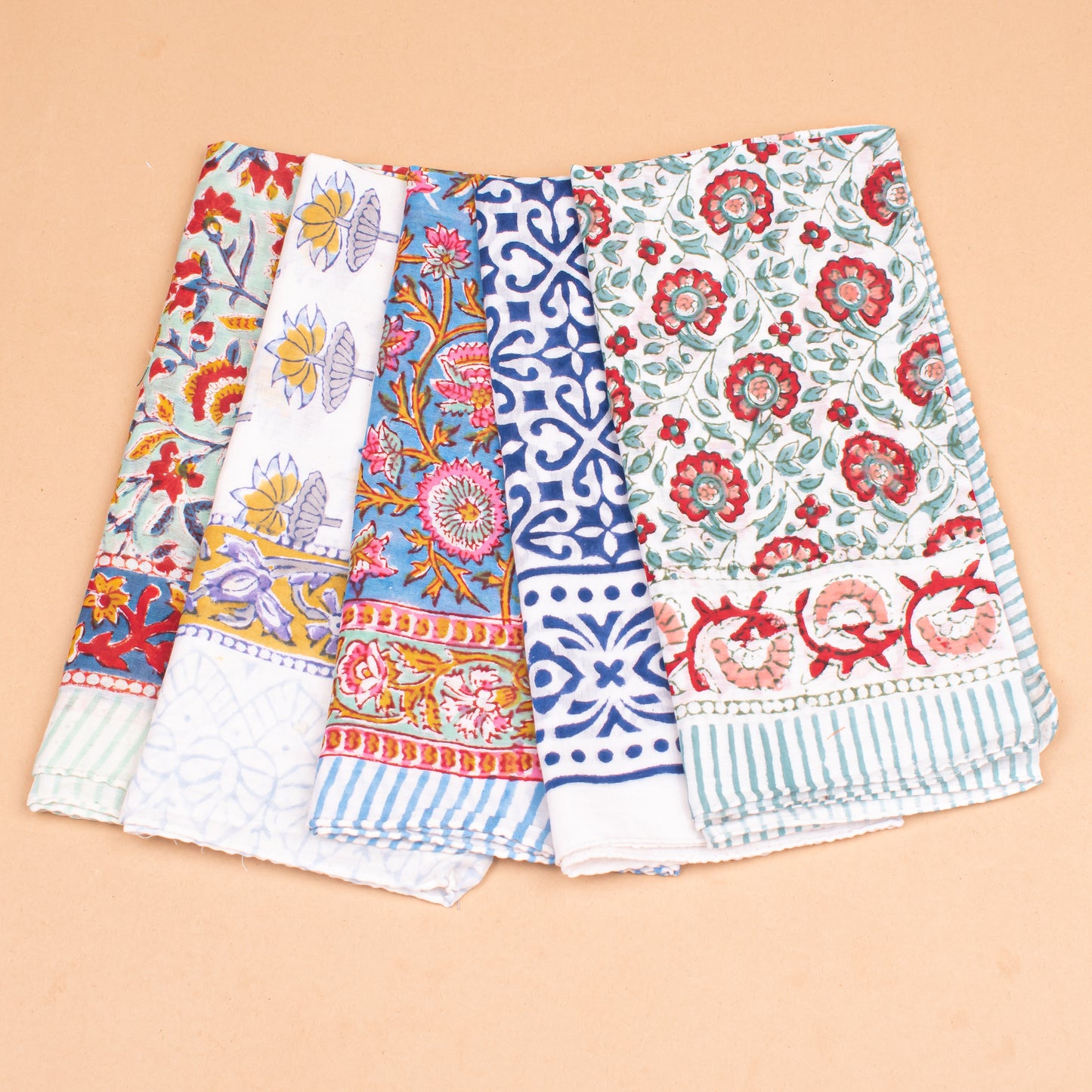 Set of 5 - Handmade Organic Cotton Bandana, Boho Paisley Block Printed Scarf, Lightweight Neck Or Hair Wrap, Unisex Sustainable Fashion Accessory