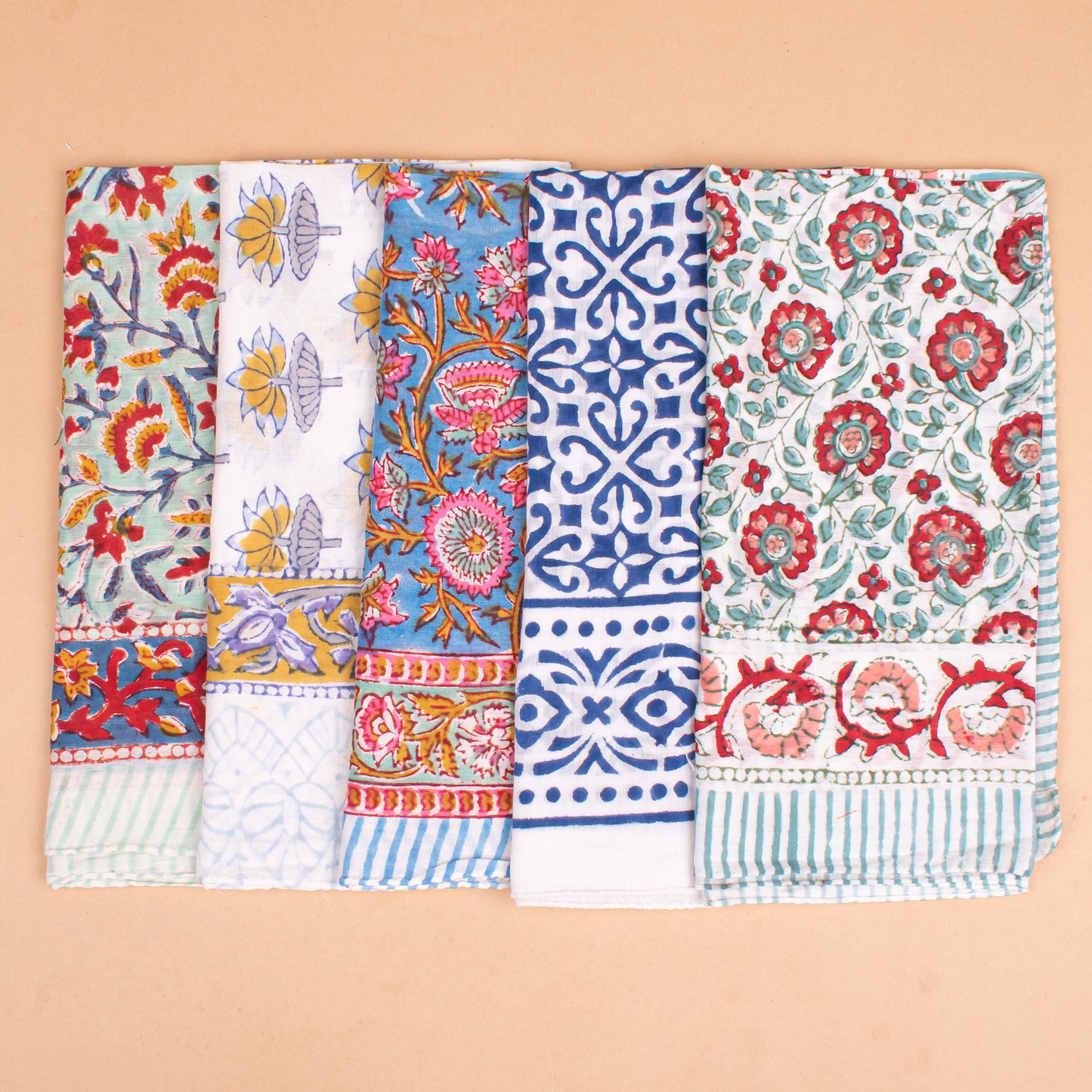 Set of 5 - Handmade Organic Cotton Bandana, Boho Paisley Block Printed Scarf, Lightweight Neck Or Hair Wrap, Unisex Sustainable Fashion Accessory