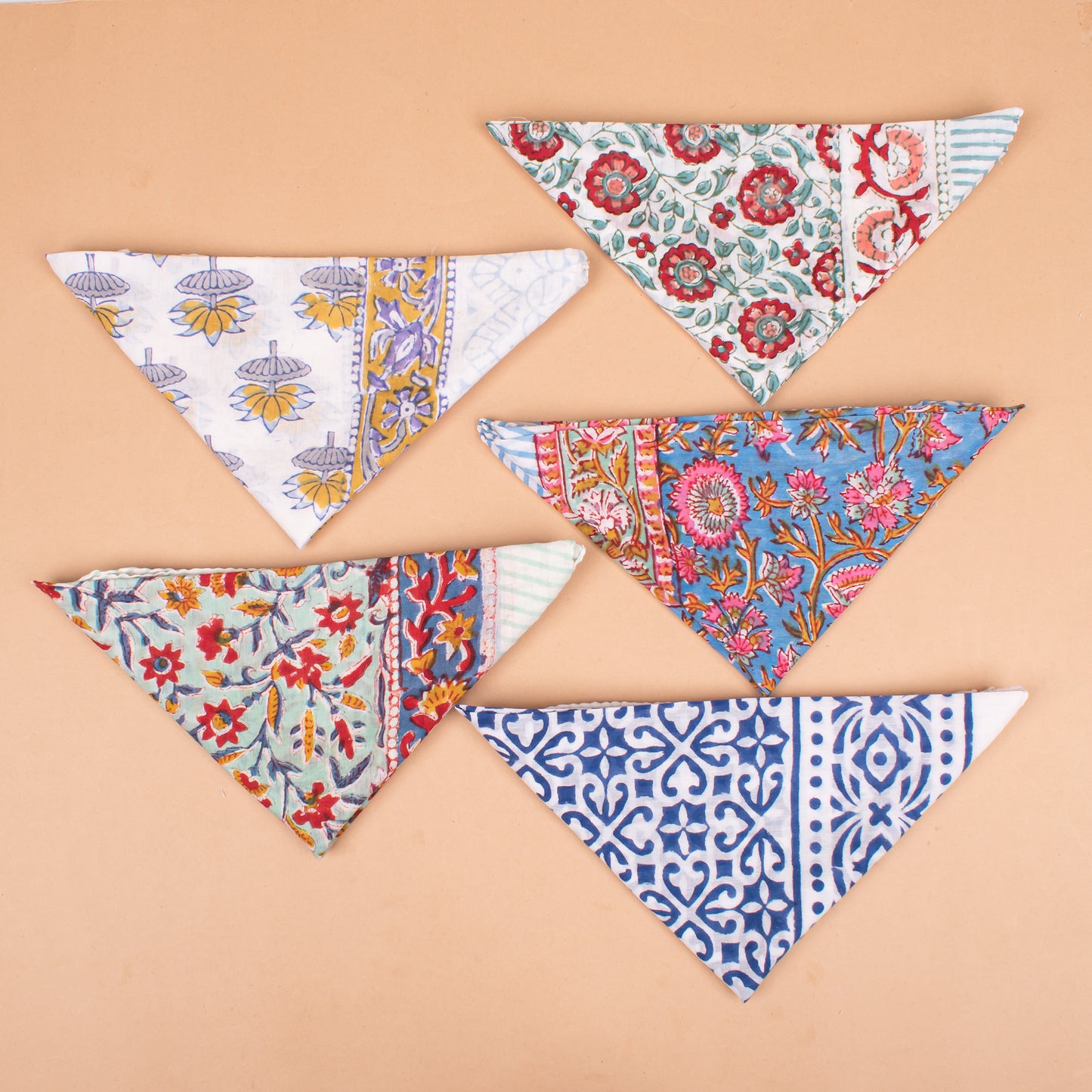 Set of 5 - Handmade Organic Cotton Bandana, Boho Paisley Block Printed Scarf, Lightweight Neck Or Hair Wrap, Unisex Sustainable Fashion Accessory