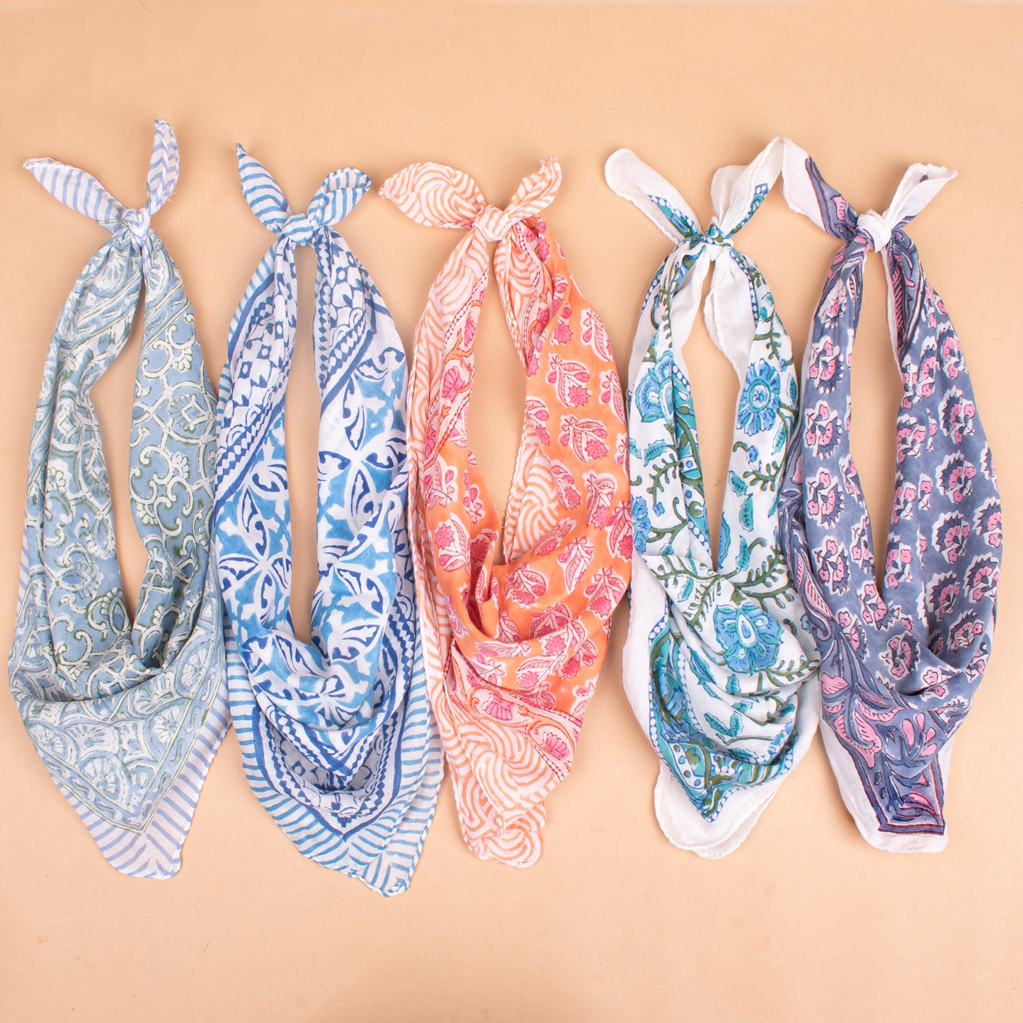 Set of 5 - Bohemian Block Printed Cotton Bandana, Lightweight Hair Or Neck Wrap, Paisley Scarf, Organic, Handmade Unisex Accessory, Eco-Friendly Gift