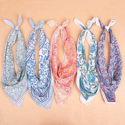 Set of 5 - Bohemian Block Printed Cotton Bandana, Lightweight Hair Or Neck Wrap, Paisley Scarf, Organic, Handmade Unisex Accessory, Eco-Friendly Gift