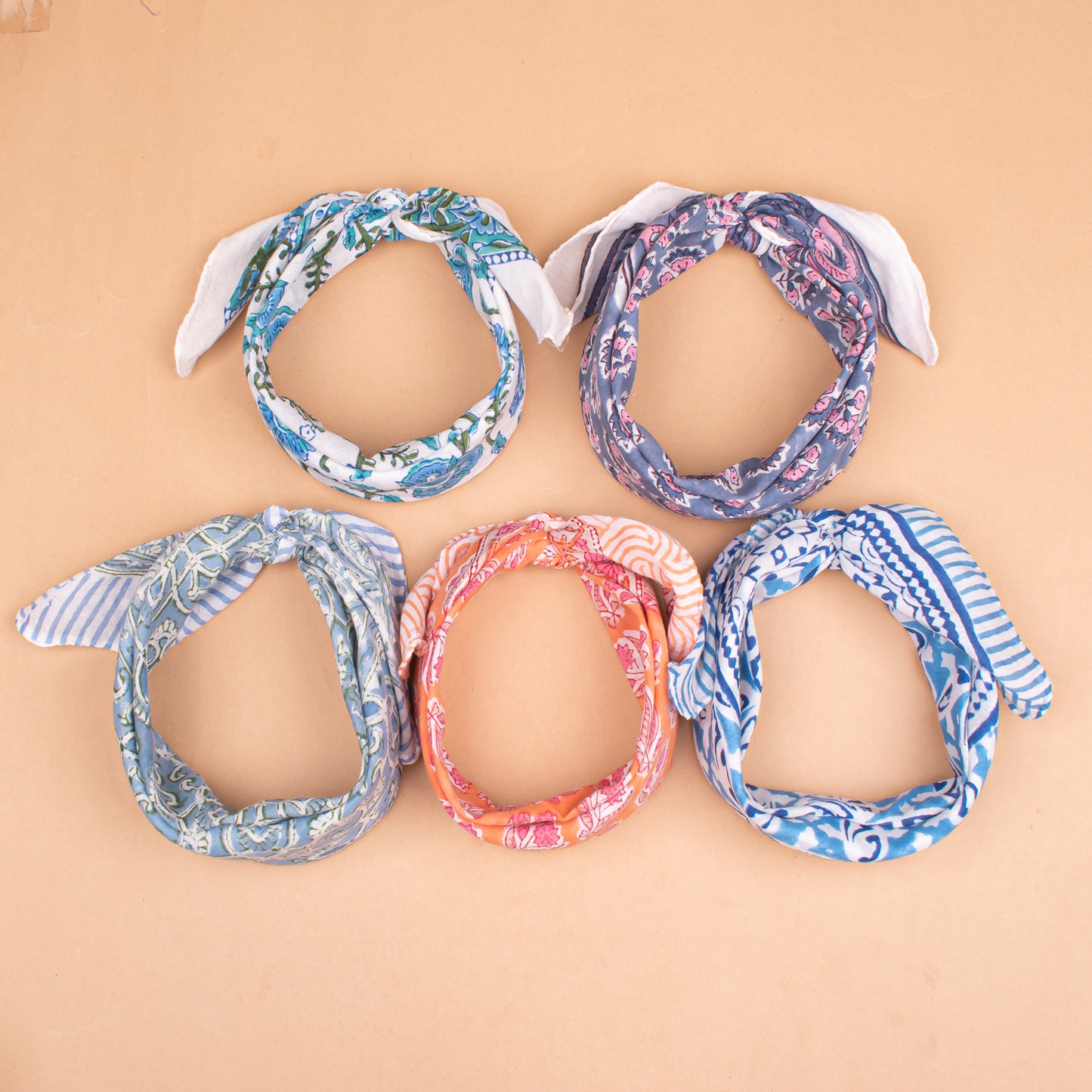 Set of 5 - Bohemian Block Printed Cotton Bandana, Lightweight Hair Or Neck Wrap, Paisley Scarf, Organic, Handmade Unisex Accessory, Eco-Friendly Gift