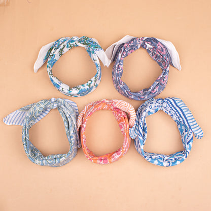 Set of 5 - Bohemian Block Printed Cotton Bandana, Lightweight Hair Or Neck Wrap, Paisley Scarf, Organic, Handmade Unisex Accessory, Eco-Friendly Gift